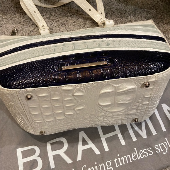 Brahmin like new bag, blue,gray and navy stripe timeless style, 17,by 11 by 4. - Picture 4 of 5